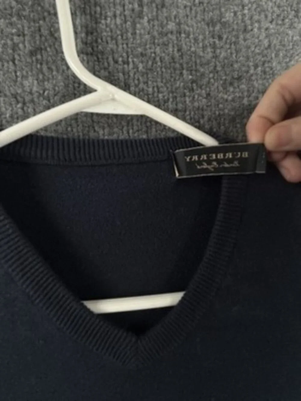 Burberry Italy Cotton Pullover Logo V-Neck Mens Blue Medium Elbow Patches Knit